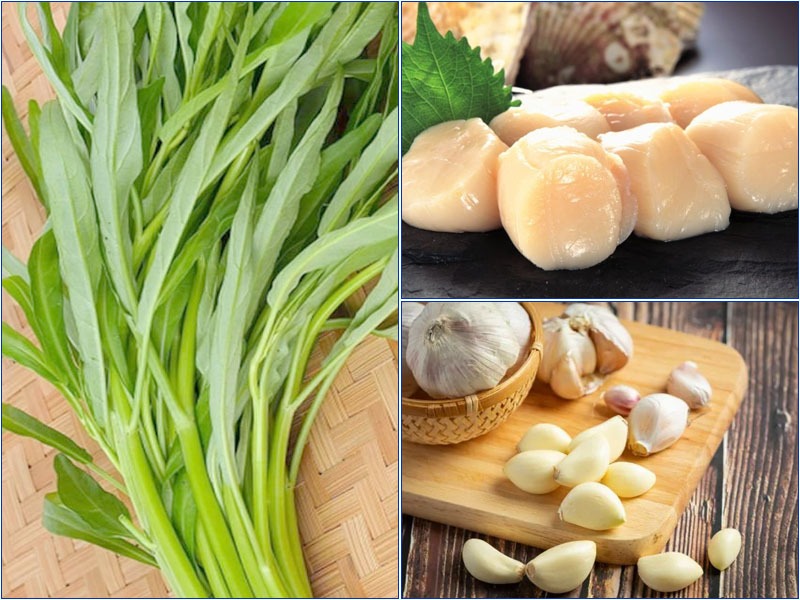 Các nguyên liệu chính cho món cồi mai xào rau muống