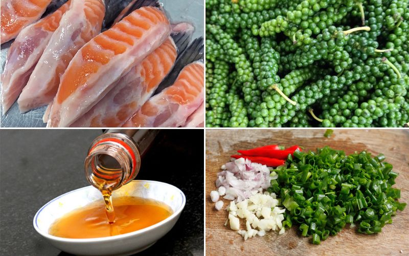 Nguyên liệu chuẩn bị cho món cá hồi kho tiêu