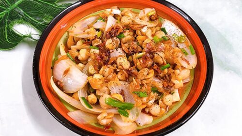 Thành phẩm món cồi mai xào hành tây