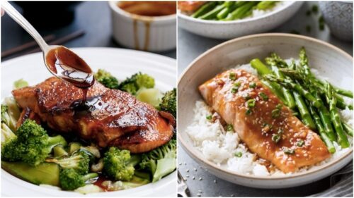 Thưởng thức món cá hồi teriyaki với cơm và rau