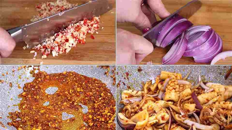 Chế biến mực trứng xào sa tế