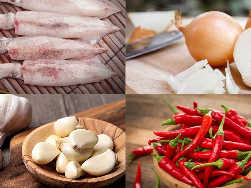 Một số nguyên liệu cho món mực trứng xào sa tế