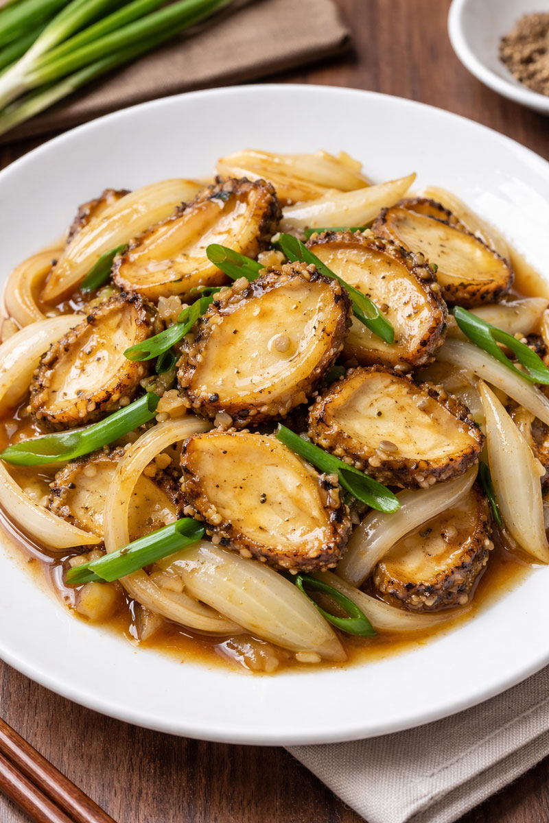 Thành phẩm món bào ngư xào hành tây