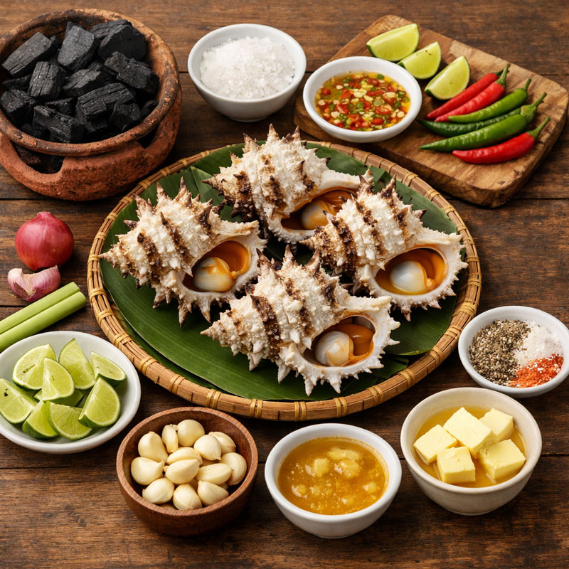 Nguyên liệu chuẩn bị cho món ốc sư tử nướng mọi