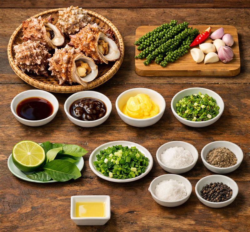 Nguyên liệu chính món ốc sư tử nướng tiêu xanh