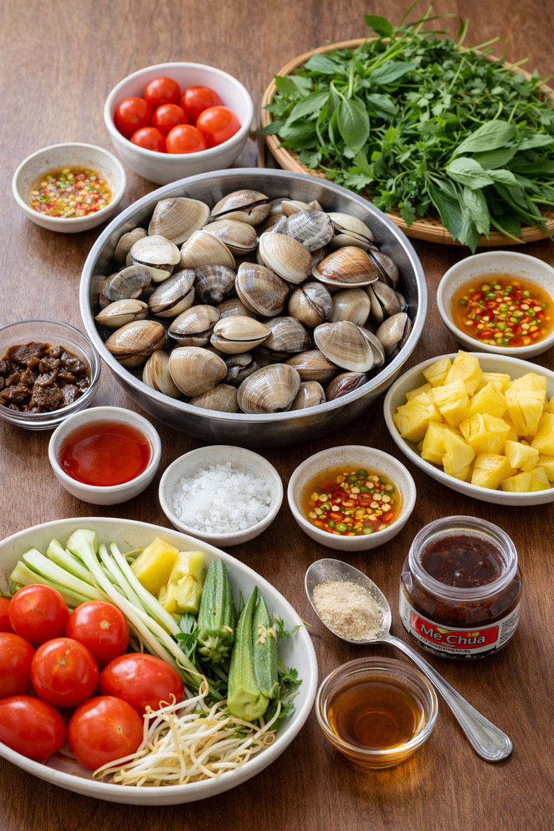 Nguyên liệu chuẩn bị cho món sò thưng nấu canh chua
