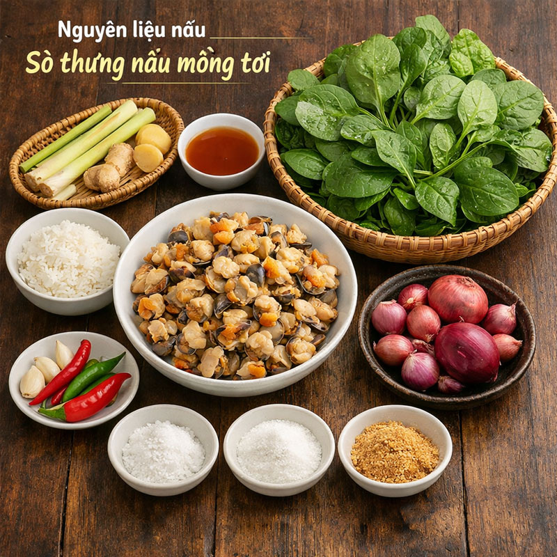 Nguyên liệu món sò thưng nấu mồng tơi