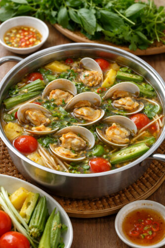 Thành phẩm sò thưng nấu chua thanh mát