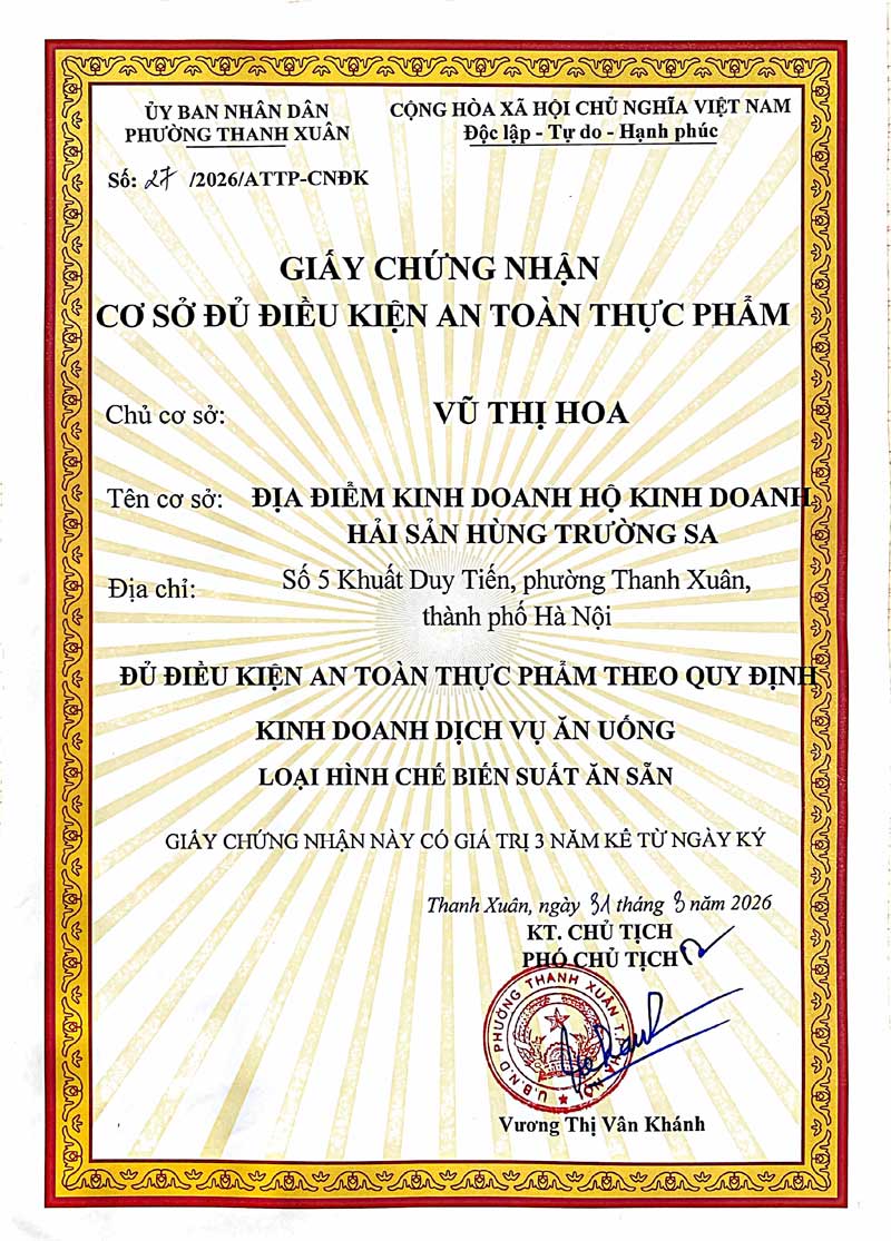 Chứng nhận VSATTP cơ sở số 5 Khuất Duy Tiến
