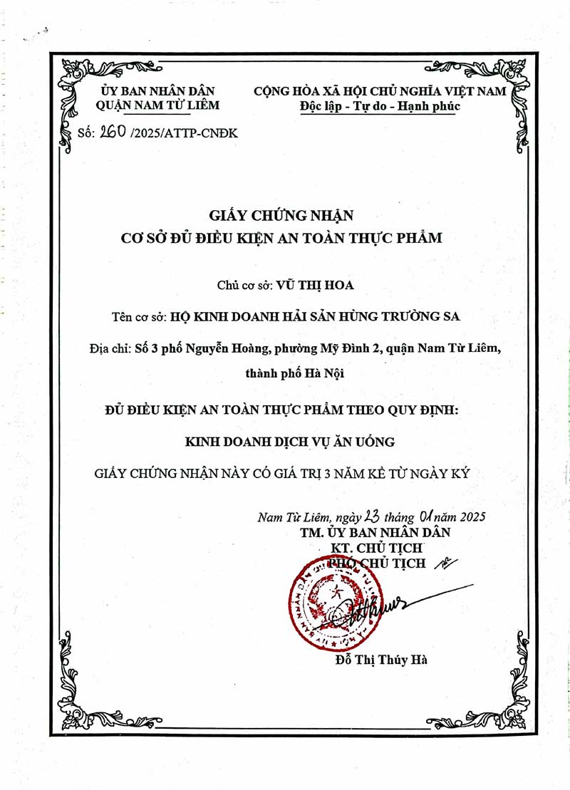 Chứng nhận VSATTP cơ sở số 3 Nguyễn Hoàng